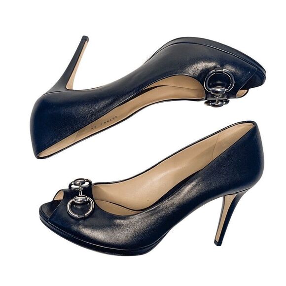 Gucci Black Nappa Leather Silver Horsebit Pumps EU 40 US 10 Peep Toe High Heels - Picture 7 of 10